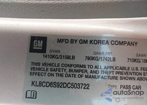 2013 Chevrolet Spark 1Lt Auto from USA, damaged, VIN KL8CD6S92DC503722